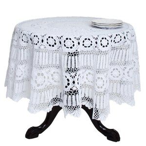 Classic Vintage Style White Handmade 100% Cotton Crochet Lace Tablecloth, 72" Rd